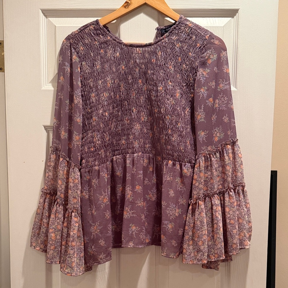 American Eagle Outfitters Mauve Floral Smocked Bell-Sleeve Blouse